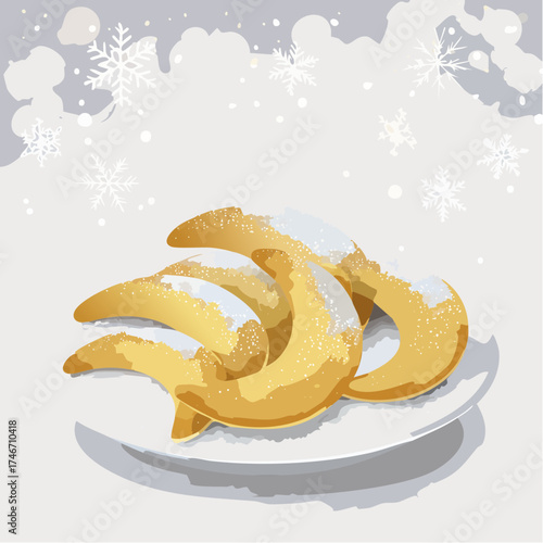 Vanillekipferl mit Schneeflocken-Hintergrund