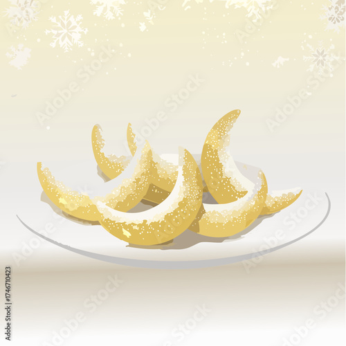 Vanillekipferl mit Schneeflocken-Hintergrund