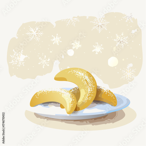 Vanillekipferl mit Schneeflocken-Hintergrund