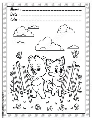 Fluffy Friends Coloring Page & Book for Adults and Kid. High resolution (300 DPI), Ready to print on standard 8.5x11-(A4) inch paper With (No Bleed), Black and White. Vector illustration