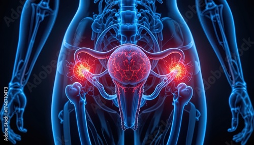 Female reproductive system anatomy with glowing ovaries offers a compelling visual for women's health, fertility, and medical education materials