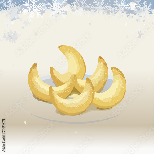 Vanillekipferl mit Schneeflocken-Hintergrund