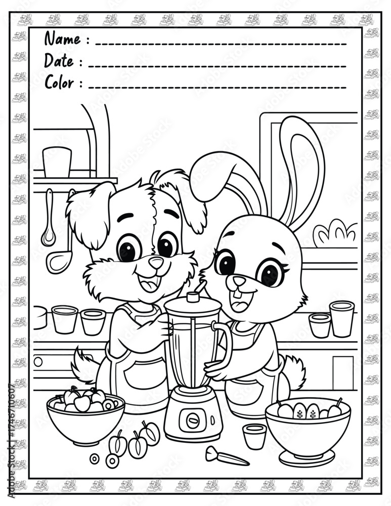 Fototapeta premium Fluffy Friends Coloring Page & Book for Adults and Kid. High resolution (300 DPI), Ready to print on standard 8.5x11-(A4) inch paper With (No Bleed), Black and White. Vector illustration
