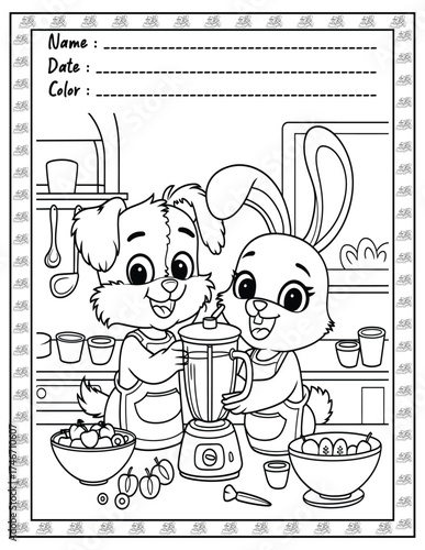 Fluffy Friends Coloring Page & Book for Adults and Kid. High resolution (300 DPI), Ready to print on standard 8.5x11-(A4) inch paper With (No Bleed), Black and White. Vector illustration