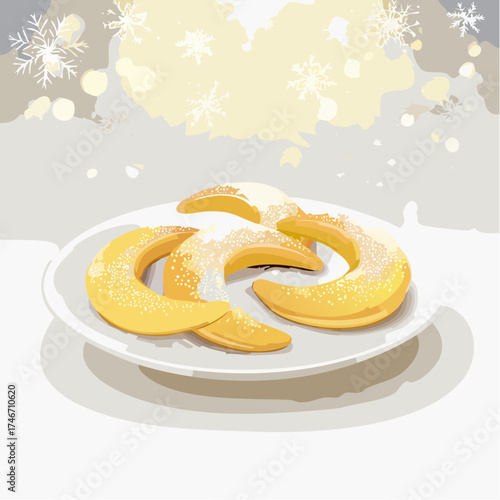 Vanillekipferl mit Schneeflocken-Hintergrund