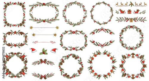 Collection of festive hand-drawn Christmas frames and borders for holiday designs, white background