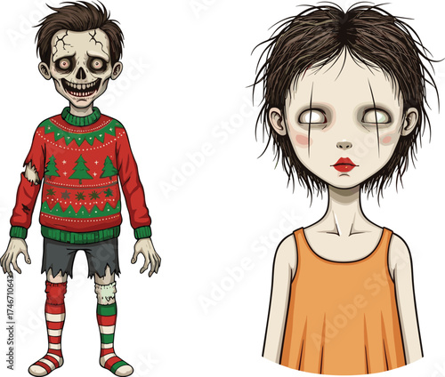 Creepy zombie in Christmas sweater with ghostly girl character spooky horror festive cartoon design contrast, cad drawing flat vector illustration