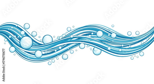 Abstract vector illustration of flowing water streams with bubbles on a light background, white background