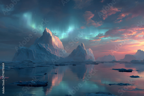 Aurora Borealis over Icebergs: Breathtaking view of the dancing Northern Lights illuminating a vast icy expanse of icebergs under a dramatic sky.