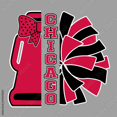 Cheer Pom-poms and Megaphone, BULLS Red and Black Cheerleader illustration.