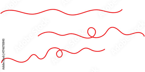  Isolated red curved thread on white background. Red thread icon sets on white background. Vector red thread set on white page.  Isolated curved threads on white page.
