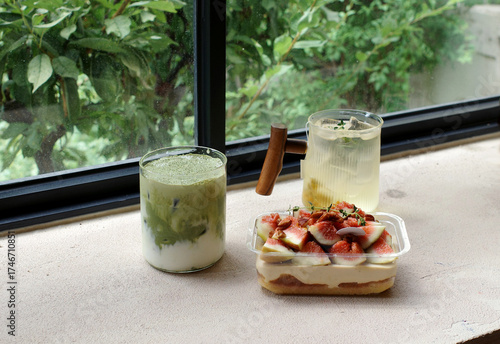 matcha latte drink korea cafe tea time fig cake lemon dessert