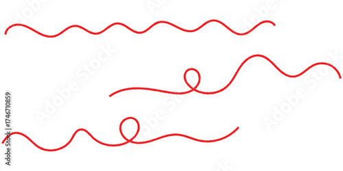  Isolated red curved thread on white background. Red thread icon sets on white background. Vector red thread set on white page.  Isolated curved threads on white page.