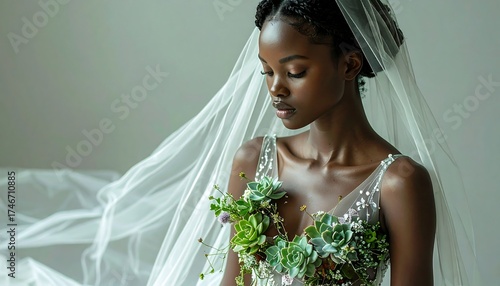 A woman with dark skin wearing a white wedding dress adorned with succulent floral detailing, a delicate veil, and a peaceful expression
