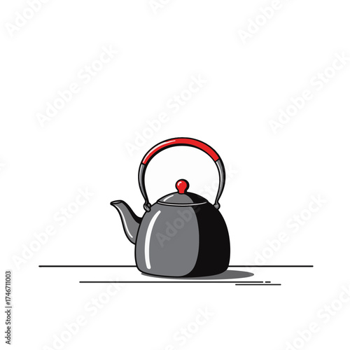 Minimalist teapot with red accents on white table, modern simplicity