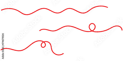  Isolated curved threads on white page. Isolated red curved thread on white background. Red thread icon sets on white background. Vector red thread set on white page. 