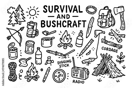Survival and bushcraft doodle with camping tools, fire, knife, and outdoor gear, Transparent Background