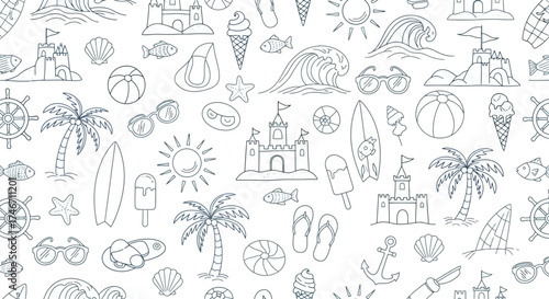 Summer themed doodle pattern with beach and vacation elements in blue outlines, white background