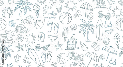 Summer themed doodle pattern with beach and vacation elements in blue outlines, white background