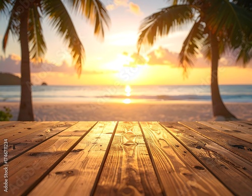 A wooden surface provides a foreground perspective to a tropical beach scene at sunset, with palm trees and ocean