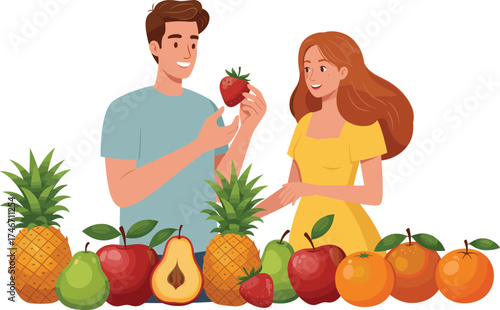 Man holding strawberry showing to woman, fresh fruits display with pineapple pears apples oranges, healthy lifestyle, nutrition, organic food