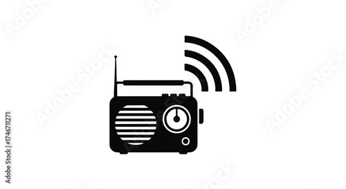 Vintage radio broadcasting sound waves with antenna extended