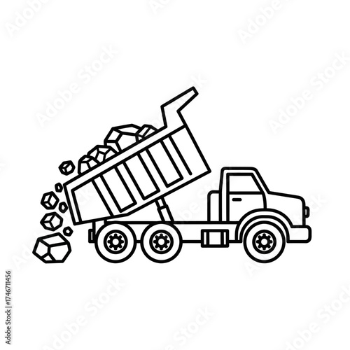 Dump Truck Unloading Rocks Construction Vehicle Icon.