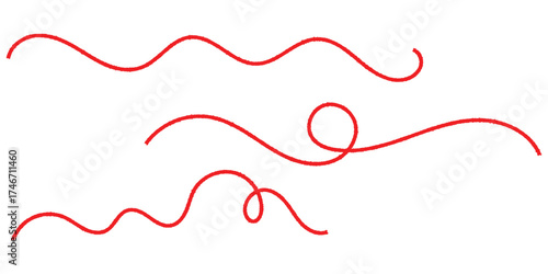  Isolated curved threads on white page. Isolated red curved thread on white background. Red thread icon sets on white background. Vector red thread set on white page. EPS 10. 