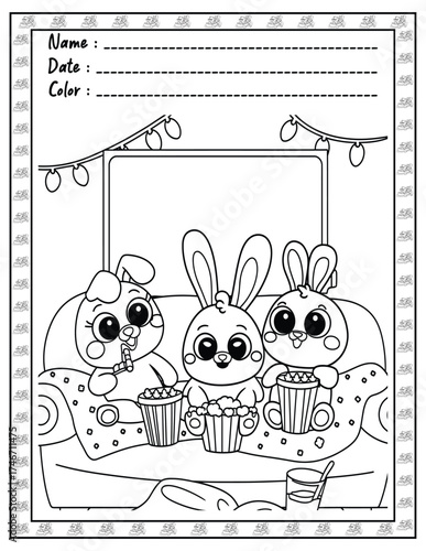 Fluffy Friends Coloring Page & Book for Adults and Kid. High resolution (300 DPI), Ready to print on standard 8.5x11-(A4) inch paper With (No Bleed), Black and White. Vector illustration