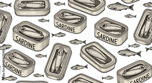 Seamless pattern with hand-drawn sardine cans and fish, great for seafood or food-related designs, white background