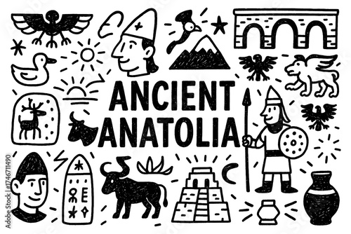 Papier peint Ancient Anatolia doodle with warriors, animals, temples, and early civilization