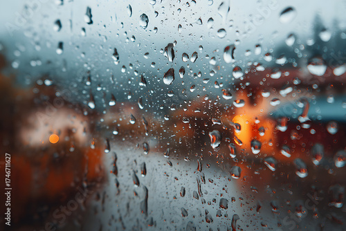 Rain-Kissed Window: A close-up of raindrops cascading down a windowpane, transforming the outside world into a blurred canvas of colors and lights.