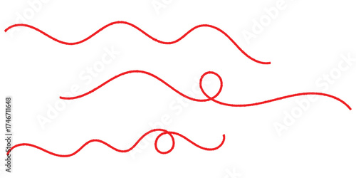  Isolated curved threads on white page. Isolated red curved thread on white background. Red thread icon sets on white background. Vector red thread set on white page. EPS 10. 