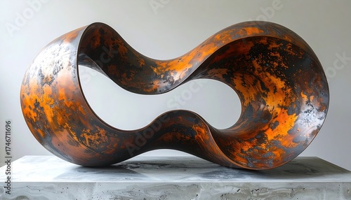 Abstract metal sculpture with a continuous looping form, showcasing a textured, weathered surface on a concrete pedestal