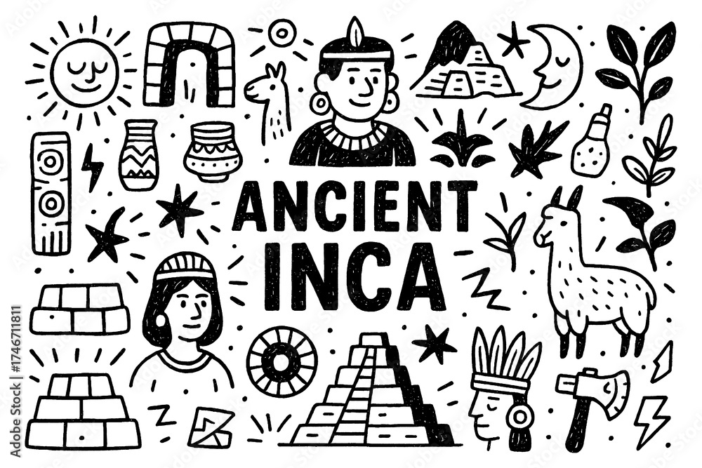 Fototapeta premium Inca culture doodle with ancient symbols, people, animals, and traditional artifacts, Transparent Background