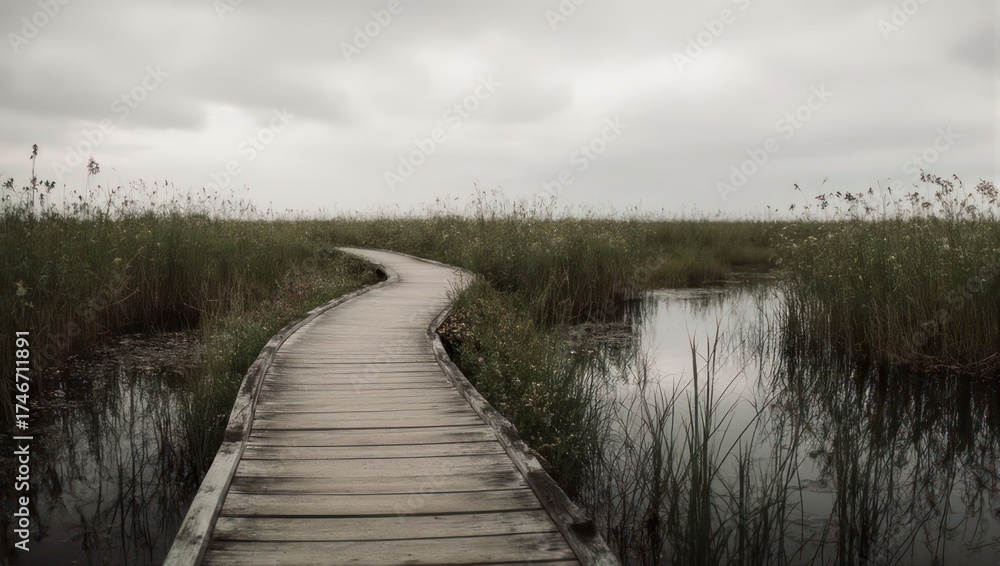 Obraz premium Wooden boardwalk winding through a marsh, overcast sky