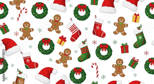 Festive Christmas pattern with holiday icons like gingerbread man, wreaths, santa hats, and stockings, white background