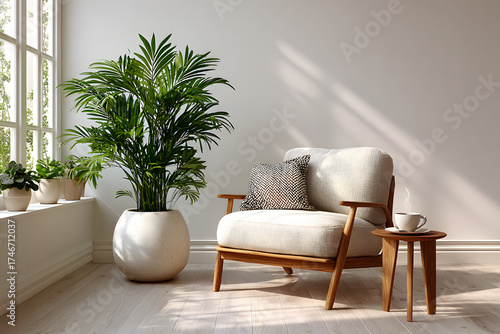Serene Living Room with Greenery: A bright and airy living room space is enlivened by a lush plant, creating a tranquil and inviting atmosphere.