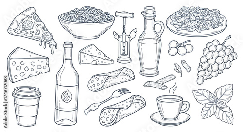 Hand-drawn vector illustration of Italian food and drink elements in blue line art style, white background