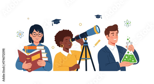 Vector illustration of students with books, telescope, and lab flask, representing education and learning, white background