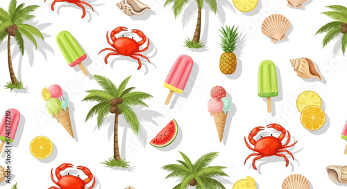 Seamless summer pattern with tropical elements: palm trees, crabs, shells, and refreshing treats, white background