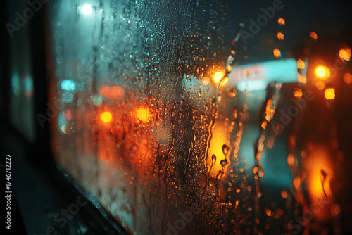 Rainy Night View: A blurry night scene unfolds behind a rain-streaked glass, offering a glimpse of blurred lights and reflections. Capturing the essence of a wet, cold.