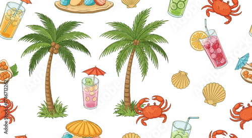 Seamless summer pattern with tropical elements: palm trees, crabs, shells, and refreshing treats, white background
