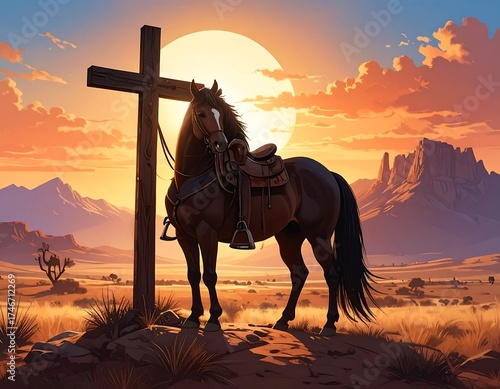 An artistic depiction of a horse standing by a wooden cross on a hill with a setting sun, desert landscape, and mountains