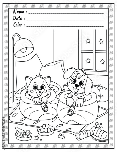 Fluffy Friends Coloring Page & Book for Adults and Kid. High resolution (300 DPI), Ready to print on standard 8.5x11-(A4) inch paper With (No Bleed), Black and White. Vector illustration