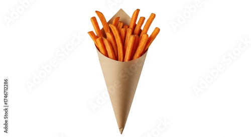 Obraz na plátně Isolated sweet potato fries in a paper cone for fast food takeout, simple and ta