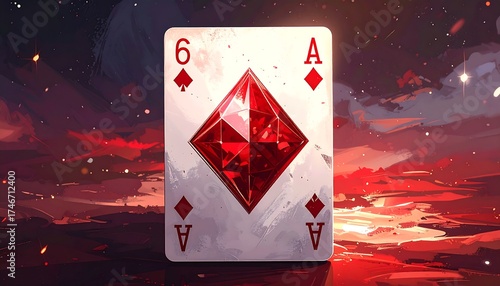 An artistic playing card, the six of diamonds, set against a vibrant sunset-like backdrop. The card has a red geometric diamond