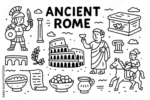 Photography Ancient Rome doodle set with Colosseum, Roman soldiers, statues, laurel wreath,
