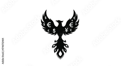 Phoenix rising from ashes symbolizes financial rebirth and economic recovery