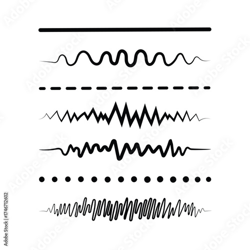 Collection of abstract wavy lines and sound wave patterns representing audio signals and data visualization